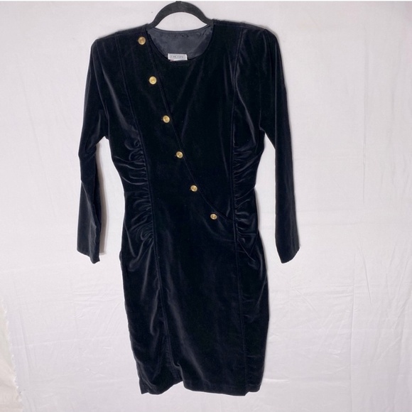 Vintage Encore Black Velvet Ling Sleeve Bodycon Mini Dress With Shoulder Pads M - Picture 16 of 16